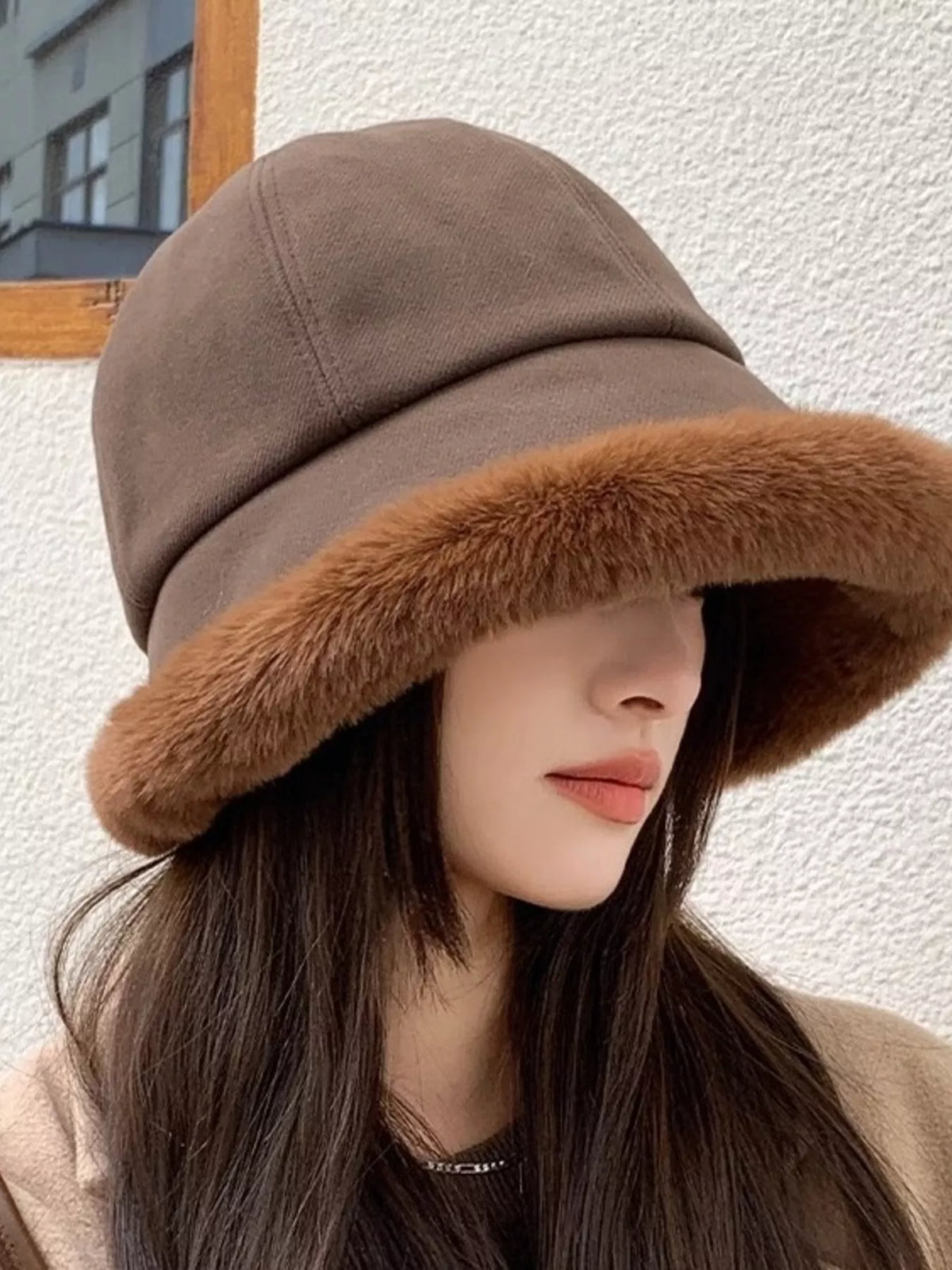 Fuzzy Trim Bucket Hat fuzzy trim