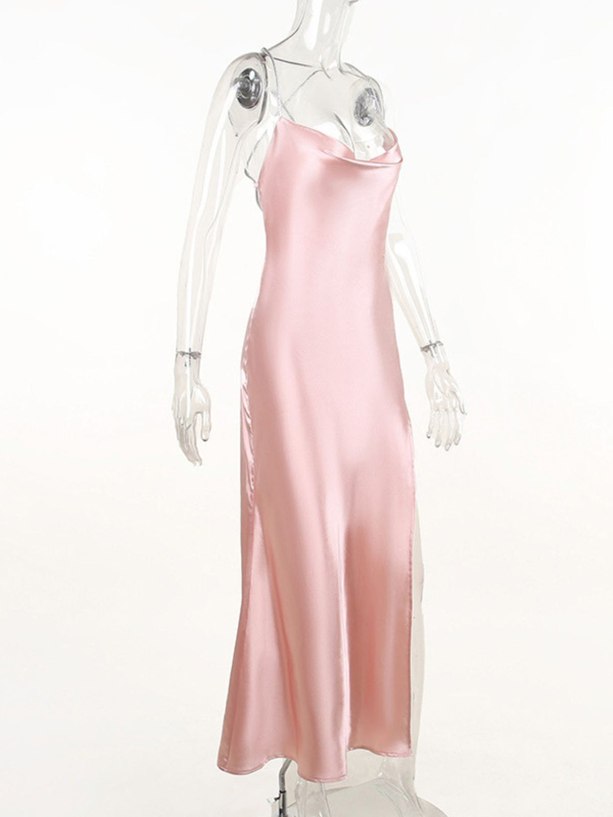 Slinky satin cowl neck dress evening outfit