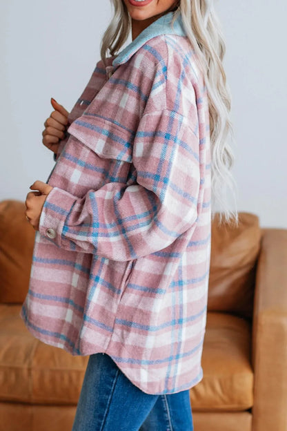 Stylish Plaid Shacket with Pockets plaid pattern
