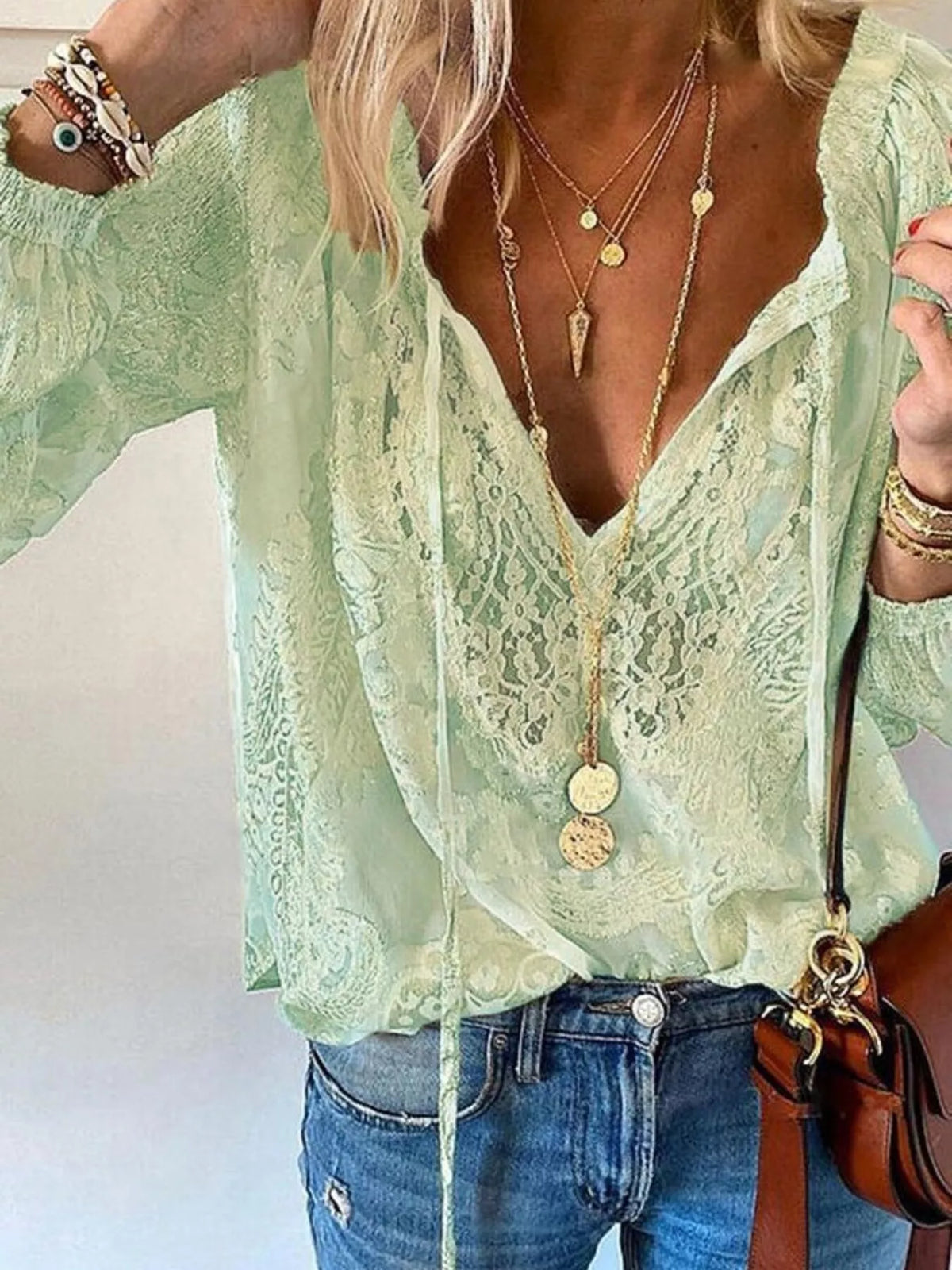 Elegant Lace Neck Blouse khaki style