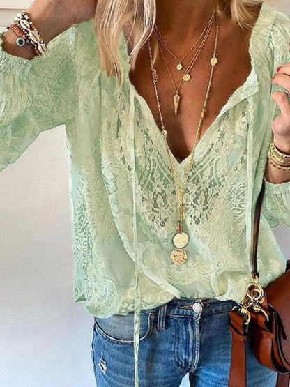 Elegant Lace Neck Blouse khaki style