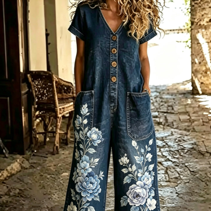 Casual Buttoned Jumpsuit featuring a wide-leg style, denim fabric, and colorful floral embroidery.