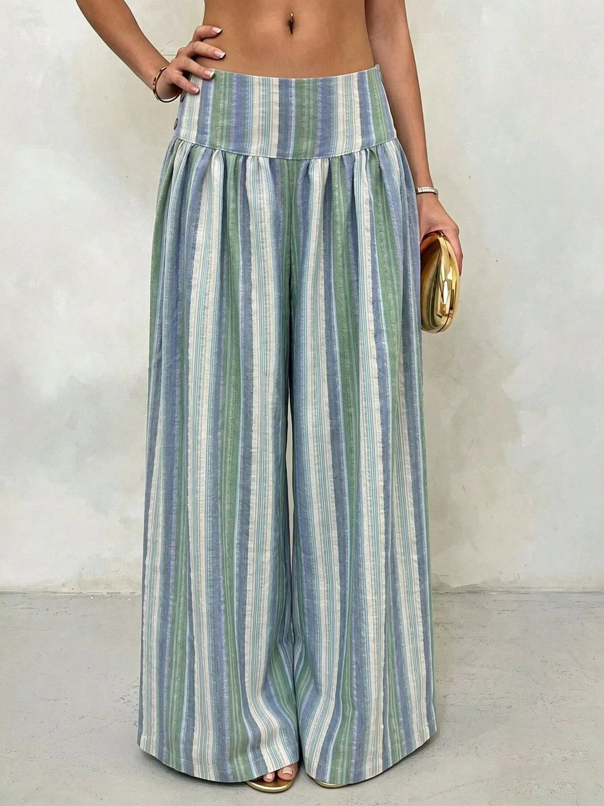 High-Waisted Striped Wide-Leg Pants in pink and green stripes, featuring a wide-leg design and flattering high waist.