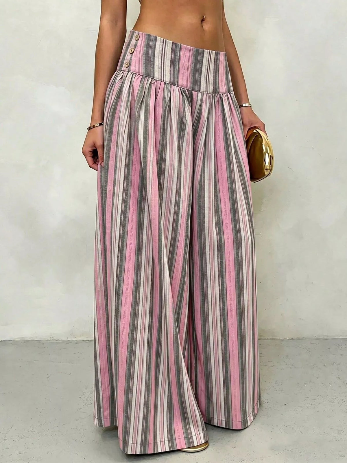 High-Waisted Striped Wide-Leg Pants in pink and green stripes, featuring a wide-leg design and flattering high waist.