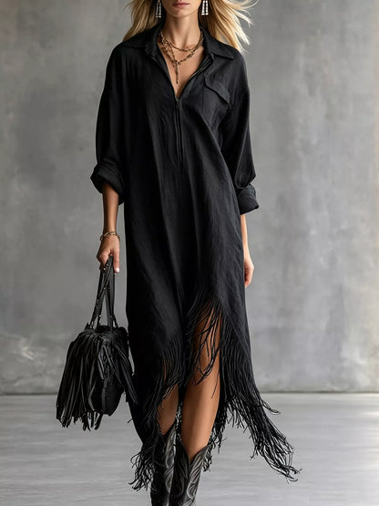 Fringe Hem Zip-Up Shirt Dress women&