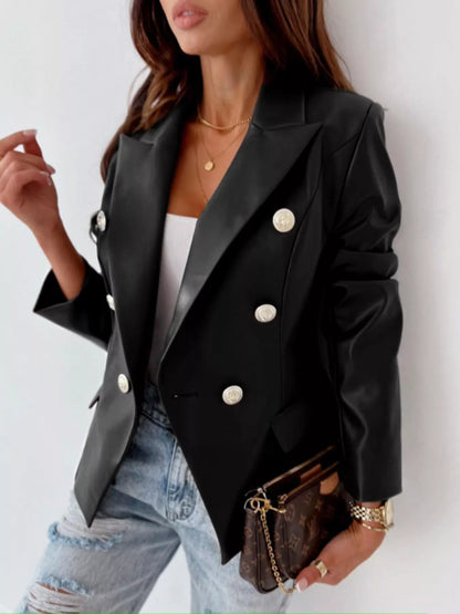 Lapel Collar Leather Blazer worn by model, showcasing its elegant double-breasted design and chic silhouette.