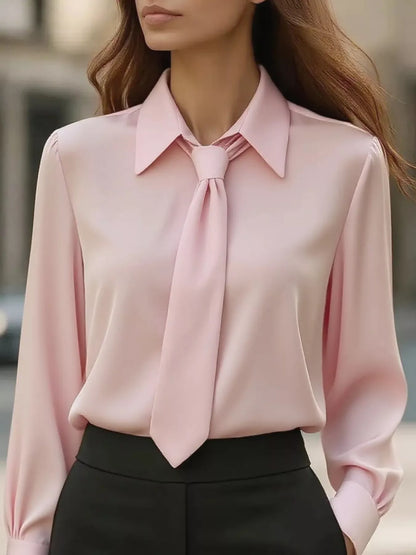 Chic Tie-Neck Blouse in beige with a stylish collar and tie detail, perfect for elegant women&