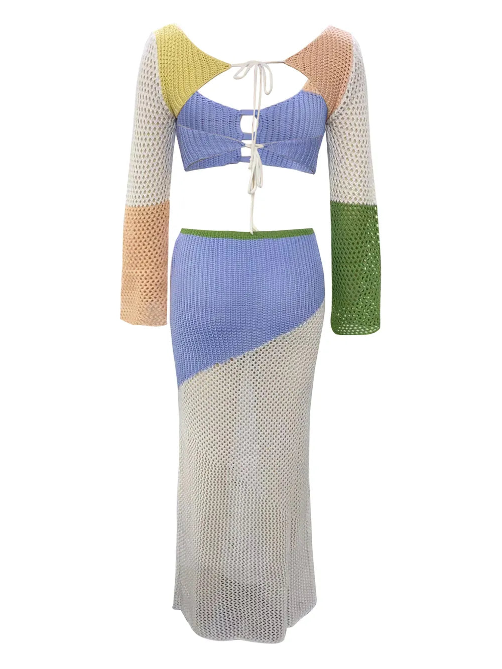 Tied Long Sleeve Cover Up Set openwork design