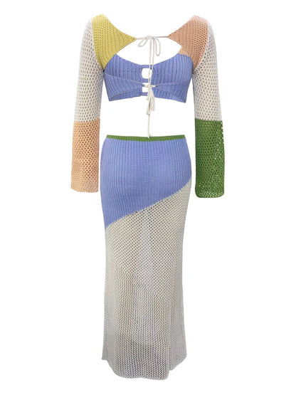 Tied Long Sleeve Cover Up Set openwork design