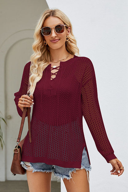 Lace-Up Slit Knit Top long sleeve design