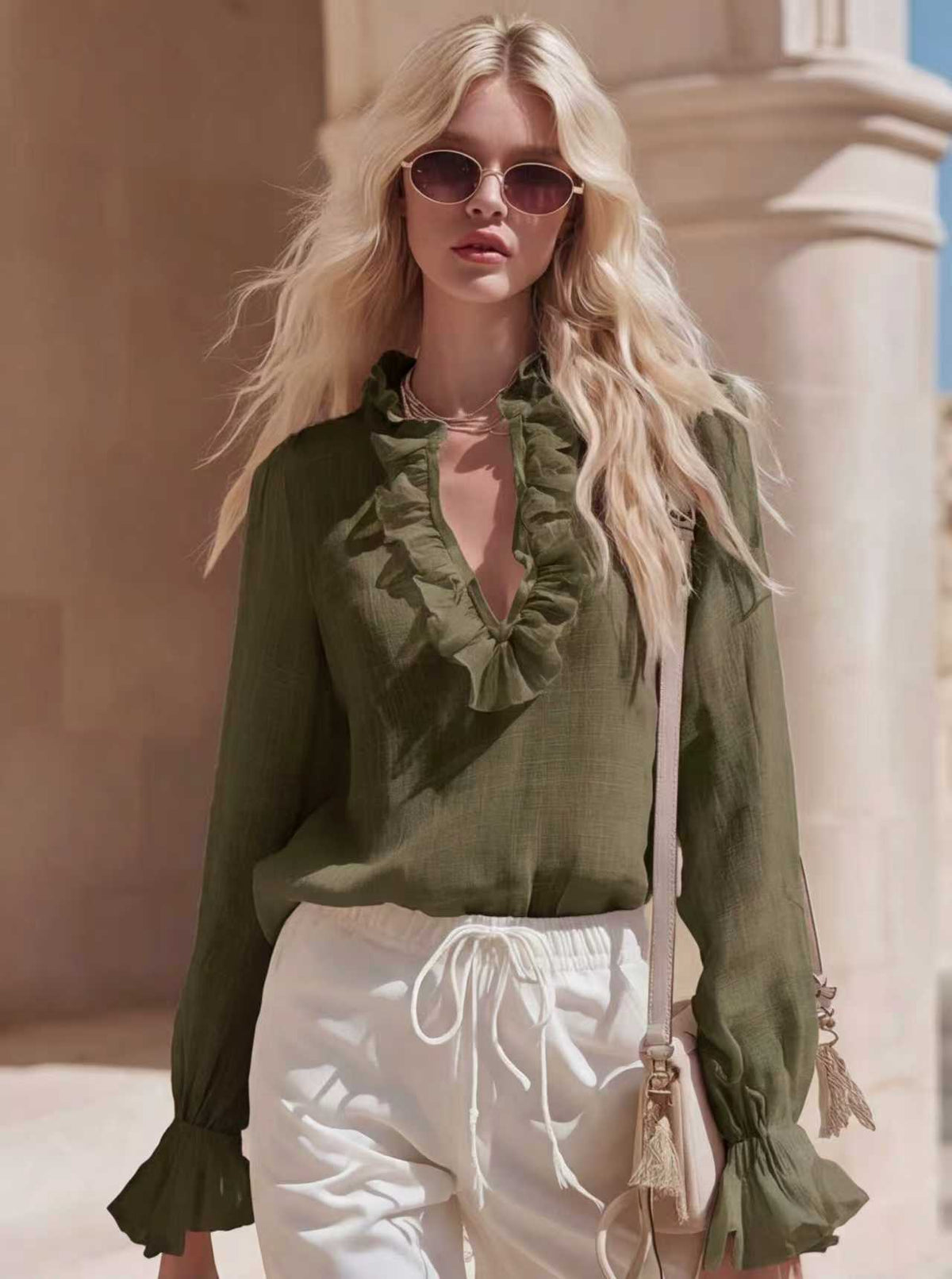 V Neck Linen Blouse ruffle detail