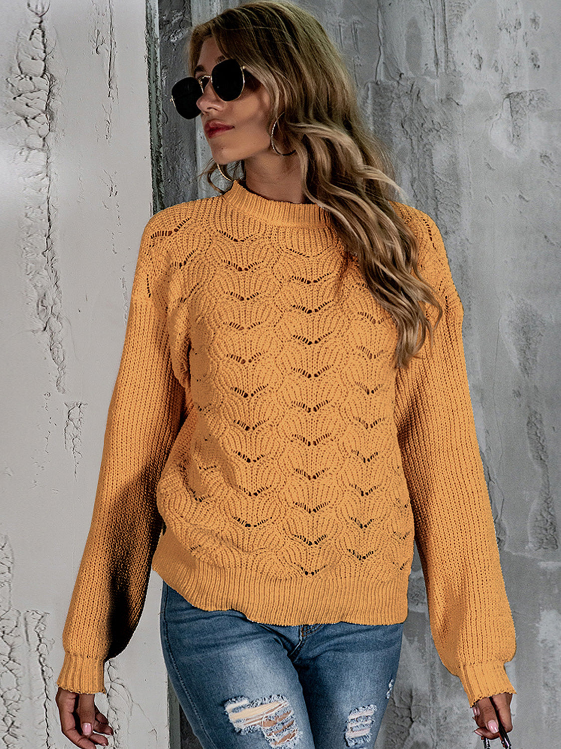 Openwork Mock Neck Long Sleeve Sweater openwork design