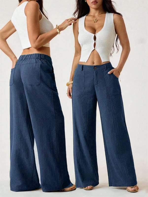 Cotton Linen Wide-Leg Pants worn by a model, showcasing stylish and casual women&