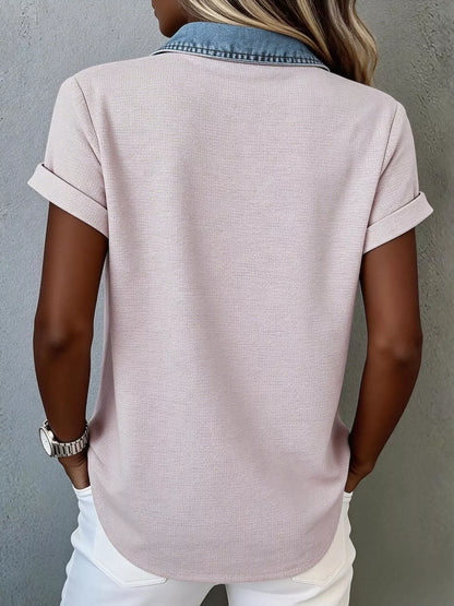 Denim Trim Short Sleeve Shirt denim trim detail