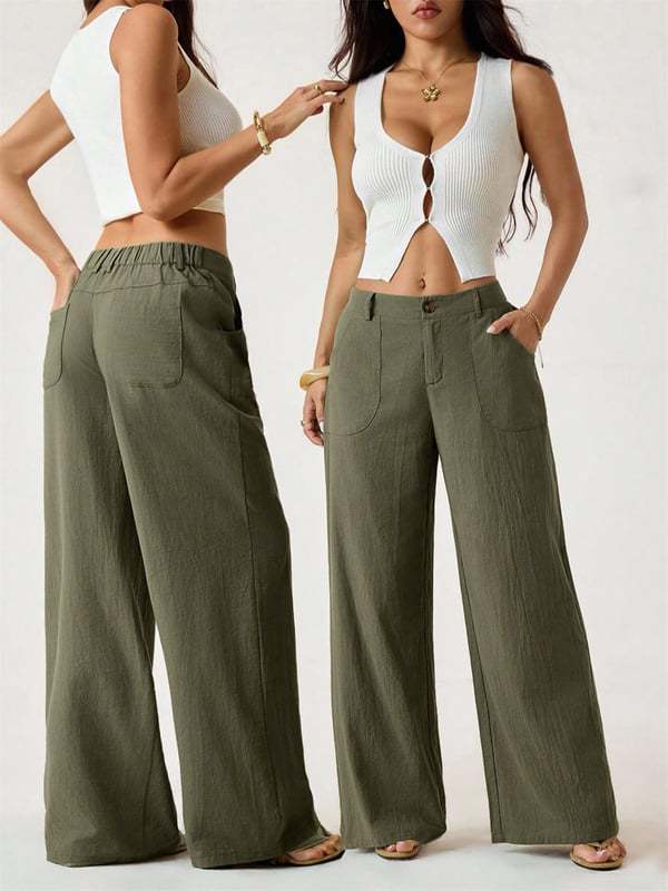 Cotton Linen Wide-Leg Pants worn by a model, showcasing stylish and casual women&