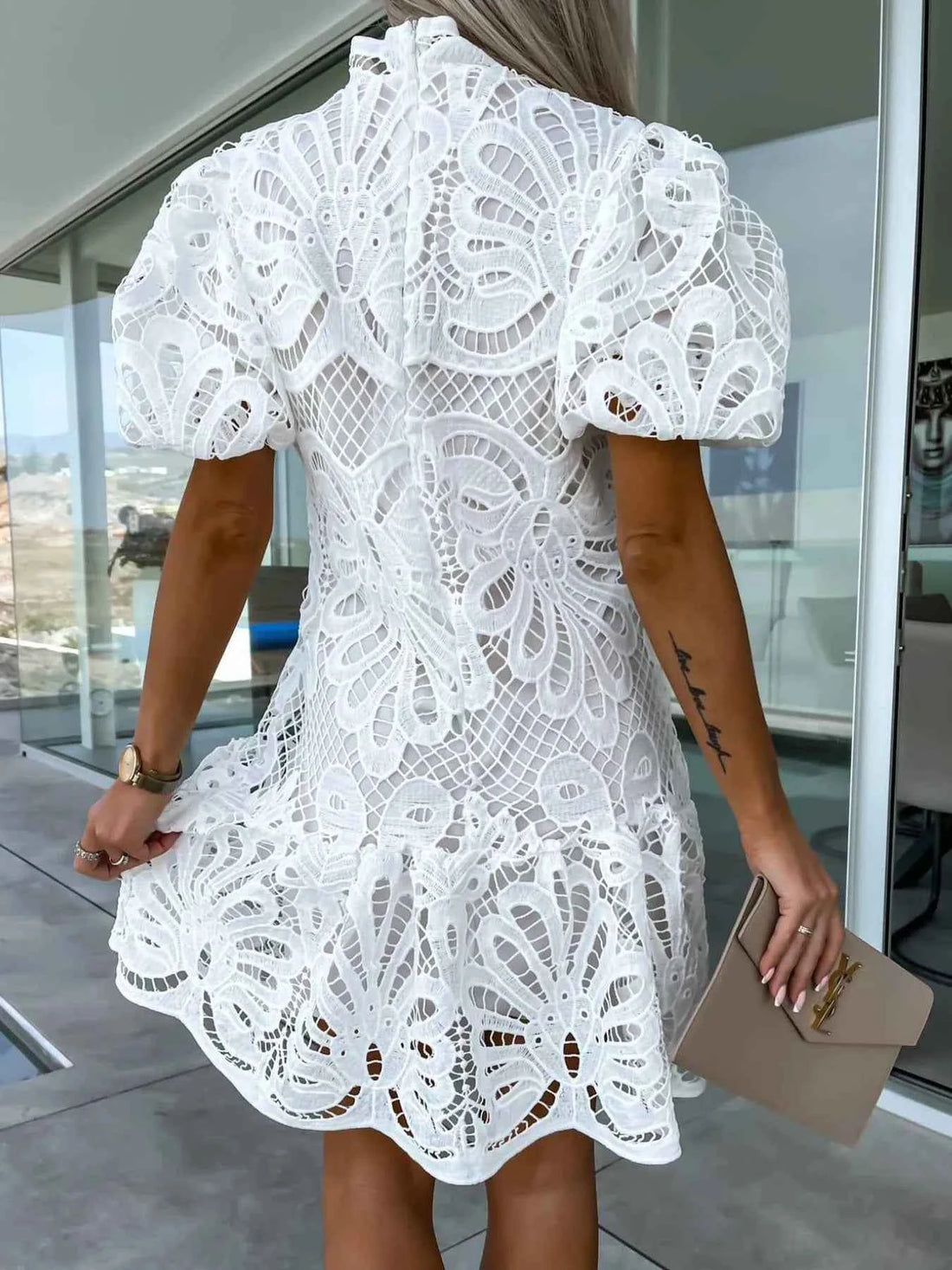 Elevate Your Style with Our Lace Mock Neck Puff Sleeve Dress