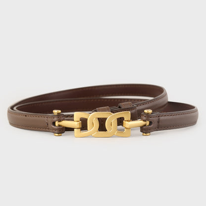 Gold Buckle Skinny Leather Belt showcased in black leather with a stylish gold buckle design.