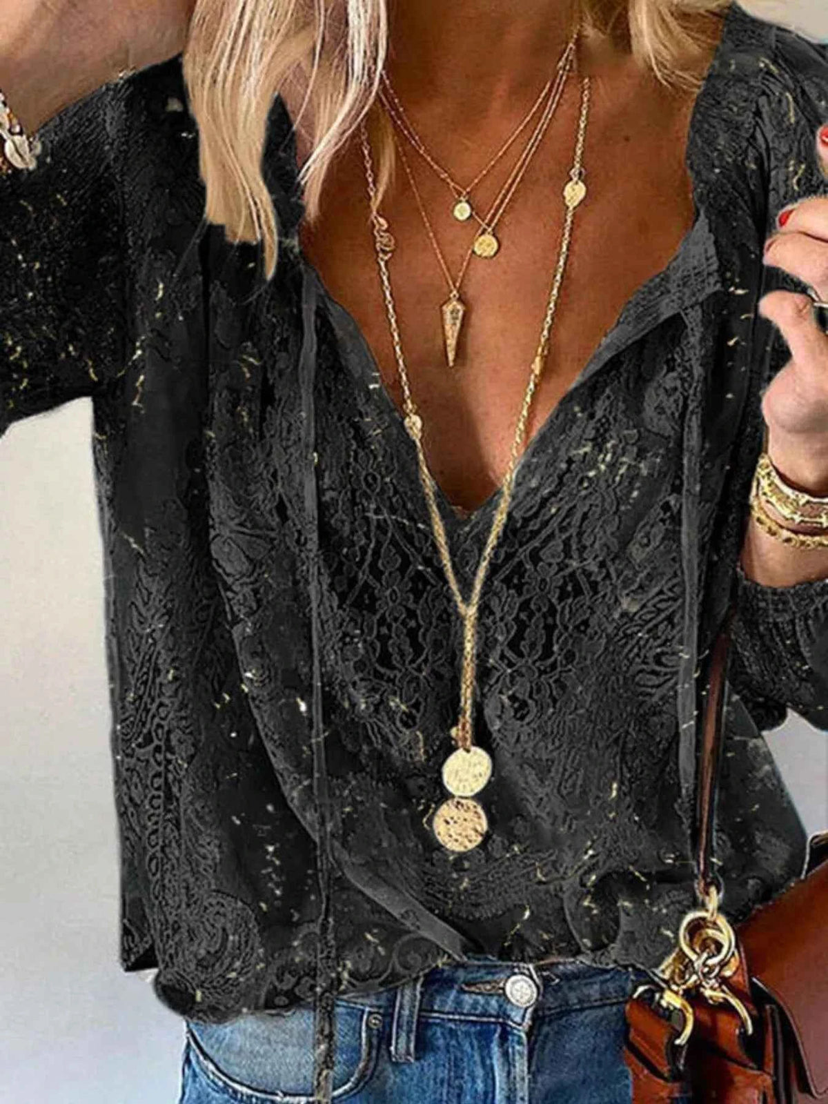 Elevate Your Style with Our Elegant Lace Tie-Neck Blouse