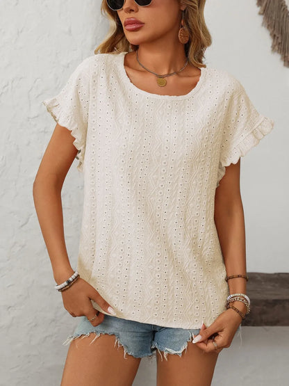 Mandy Eyelet Round Neck Top frill accent