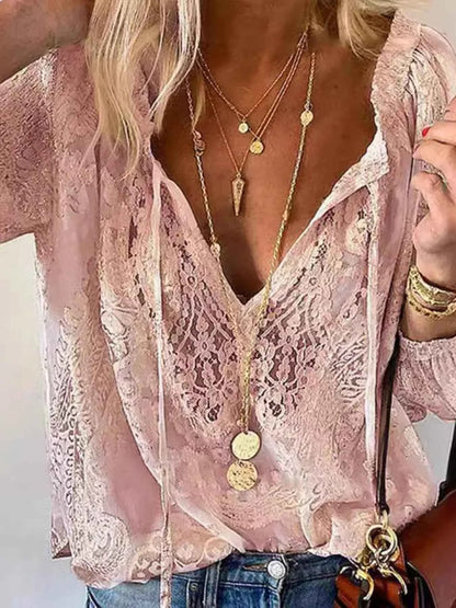 Elevate Your Style with Our Elegant Lace Tie-Neck Blouse