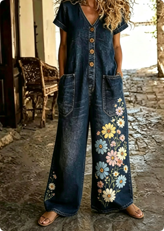 Casual Buttoned Jumpsuit featuring a wide-leg style, denim fabric, and colorful floral embroidery.