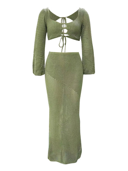 Tied Long Sleeve Cover Up Set openwork design