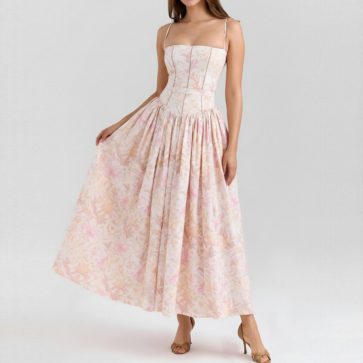 Elegant Summer Flared Strap Dress – Floral Style showcasing flared design and stunning floral patterns for summer elegance.
