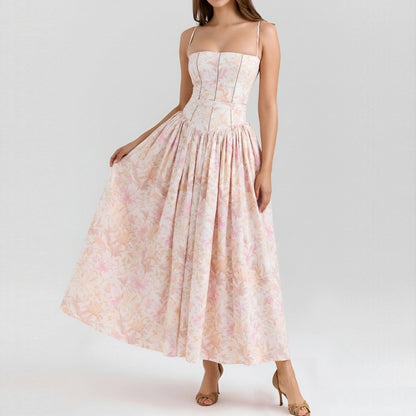 Elegant Summer Flared Strap Dress – Floral Style showcasing flared design and stunning floral patterns for summer elegance.