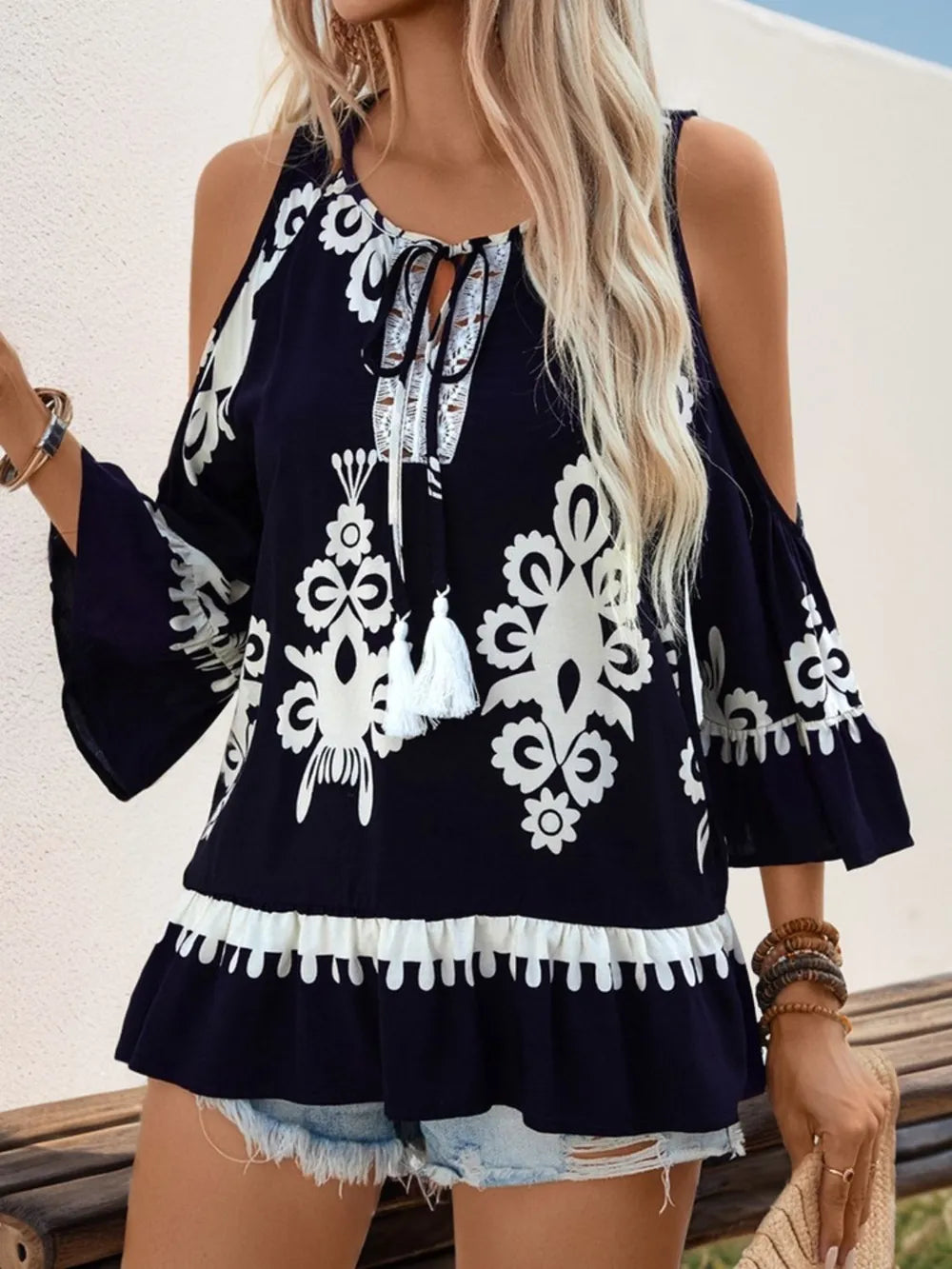 Tassel Tie Neck Cold Shoulder Blouse styled outfit