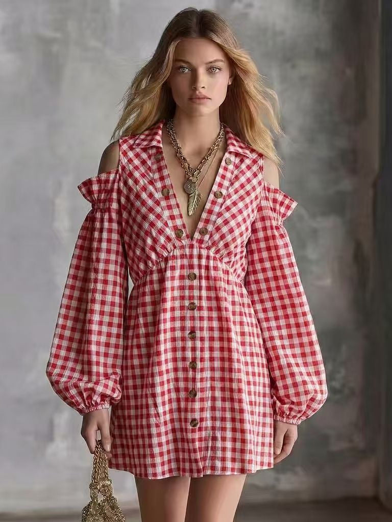 Casual Checkered Off-the-Shoulder Dress checkered pattern