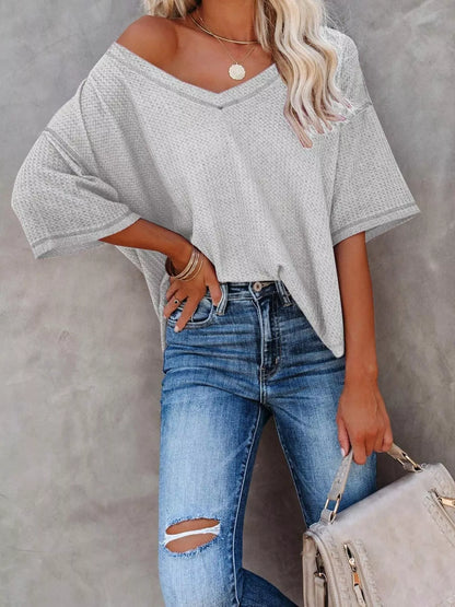 Waffle knit v-neck t-shirt casual outfit
