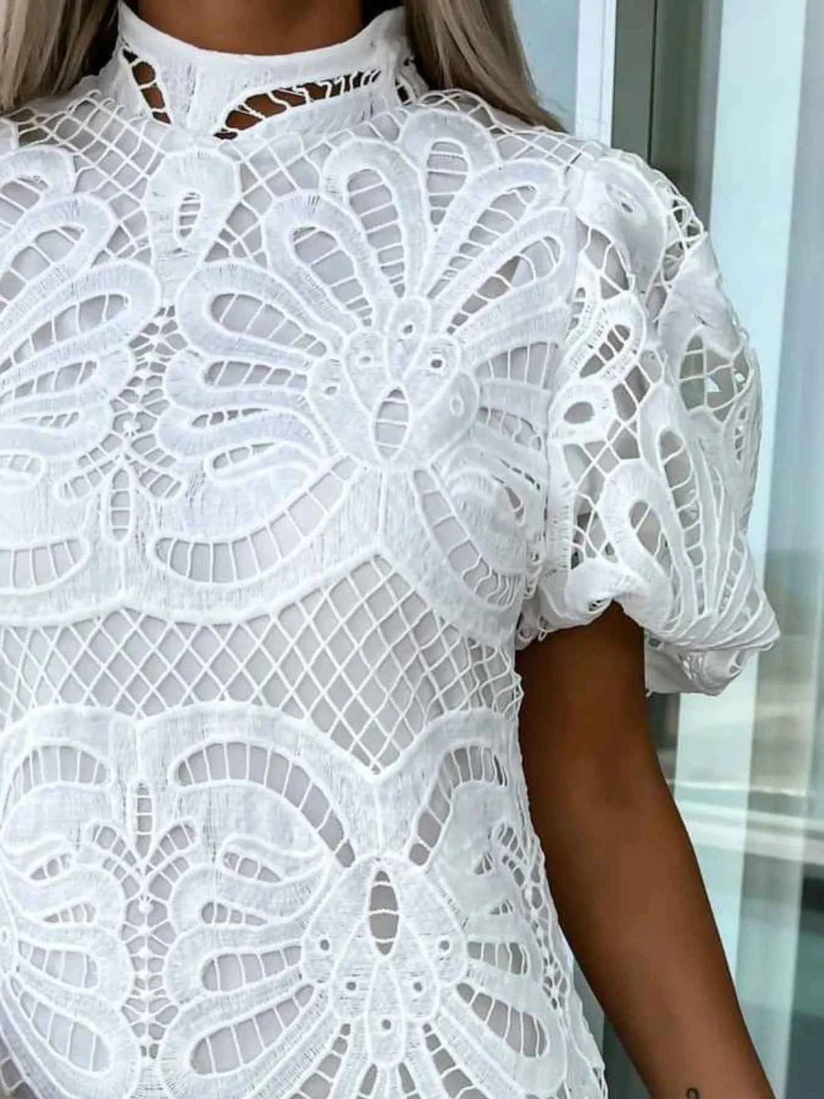 Elevate Your Style with Our Lace Mock Neck Puff Sleeve Dress