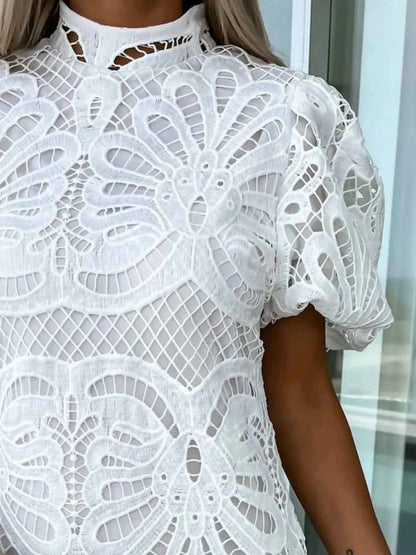 Elevate Your Style with Our Lace Mock Neck Puff Sleeve Dress