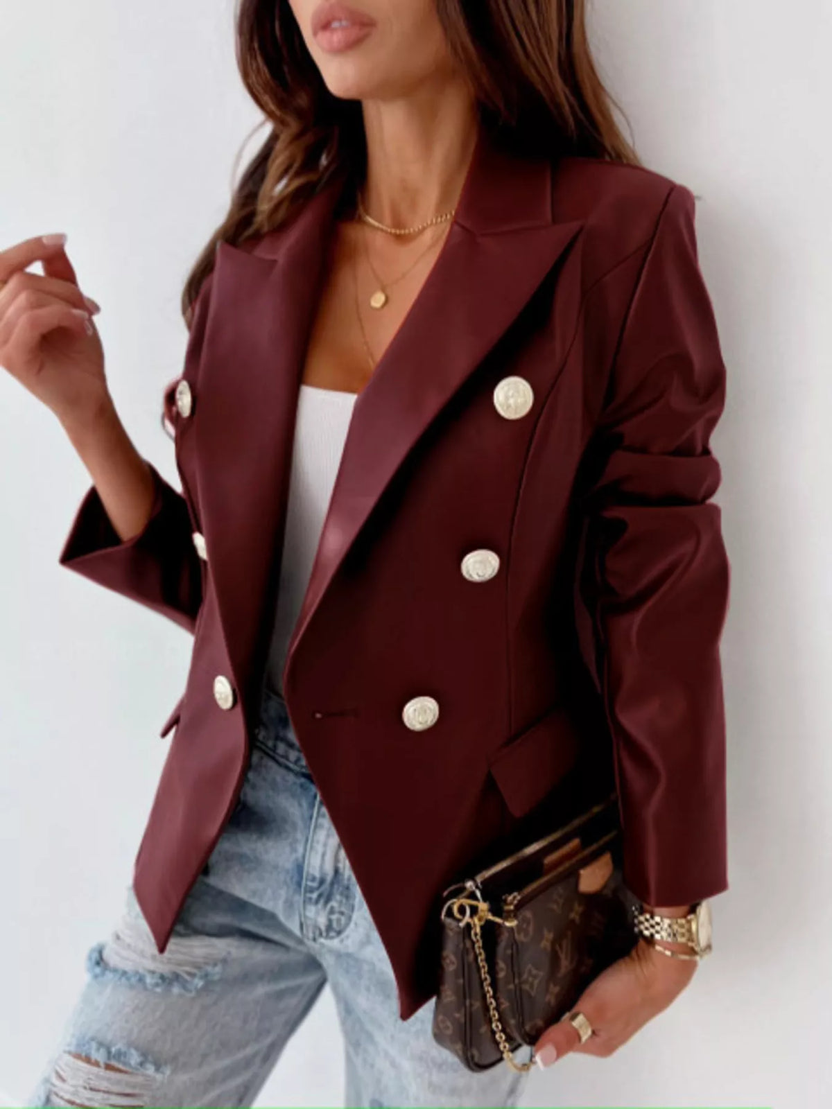 Lapel Collar Leather Blazer double-breasted design