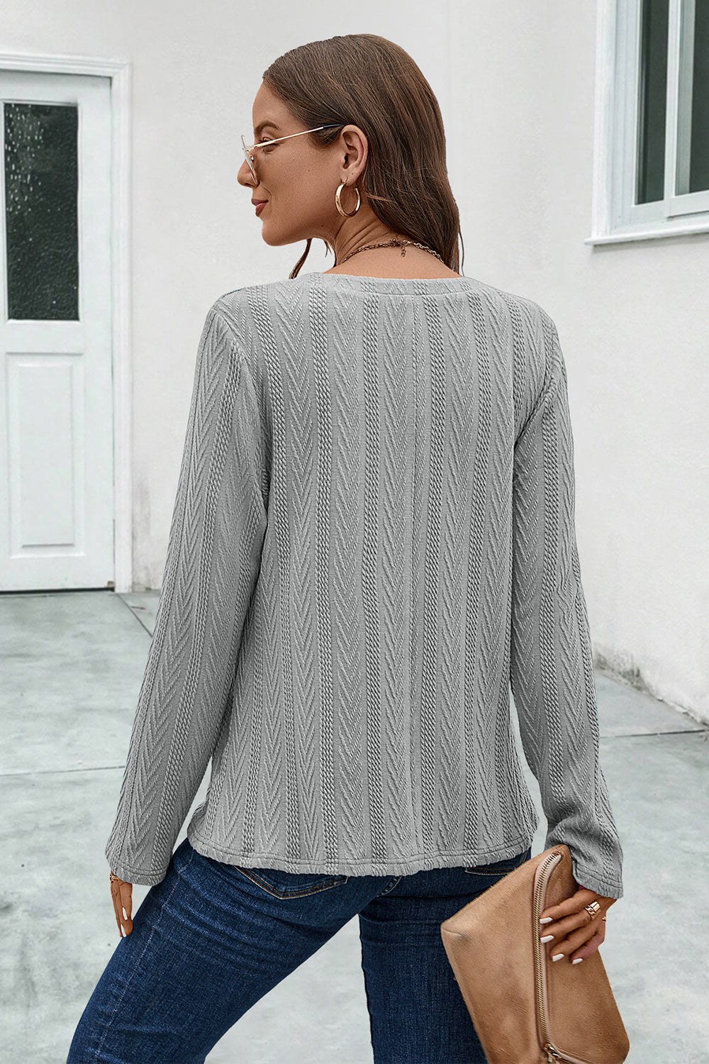 Buttoned Notched Neck Long Sleeve T-Shirt long sleeve design