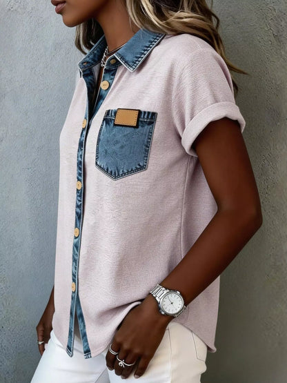 Denim Trim Short Sleeve Shirt buttoned front