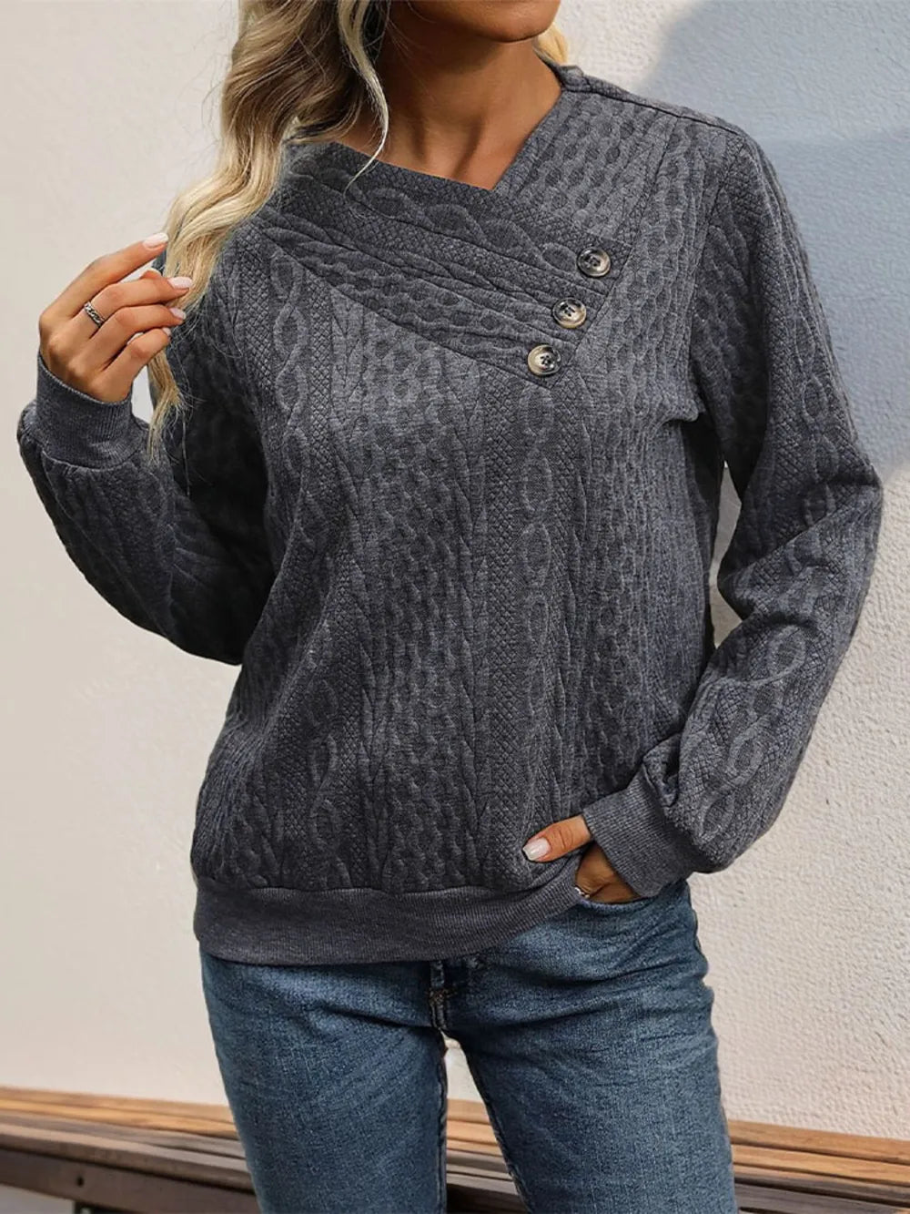 Perfee Decorative Button Sweatshirt styled outfit