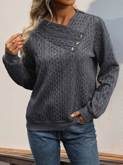 Perfee Decorative Button Sweatshirt styled outfit