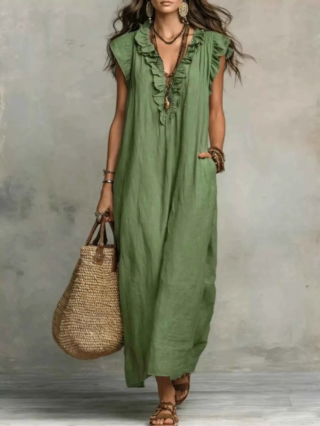 Plus size ruffled maxi dress with V-neck