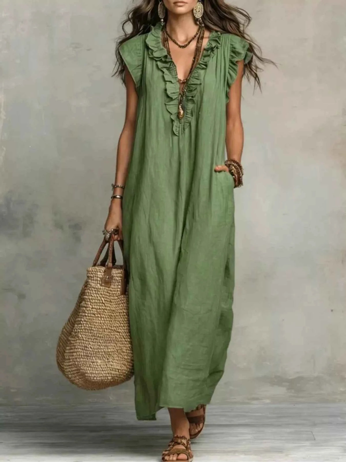 Plus size ruffled maxi dress with V-neck