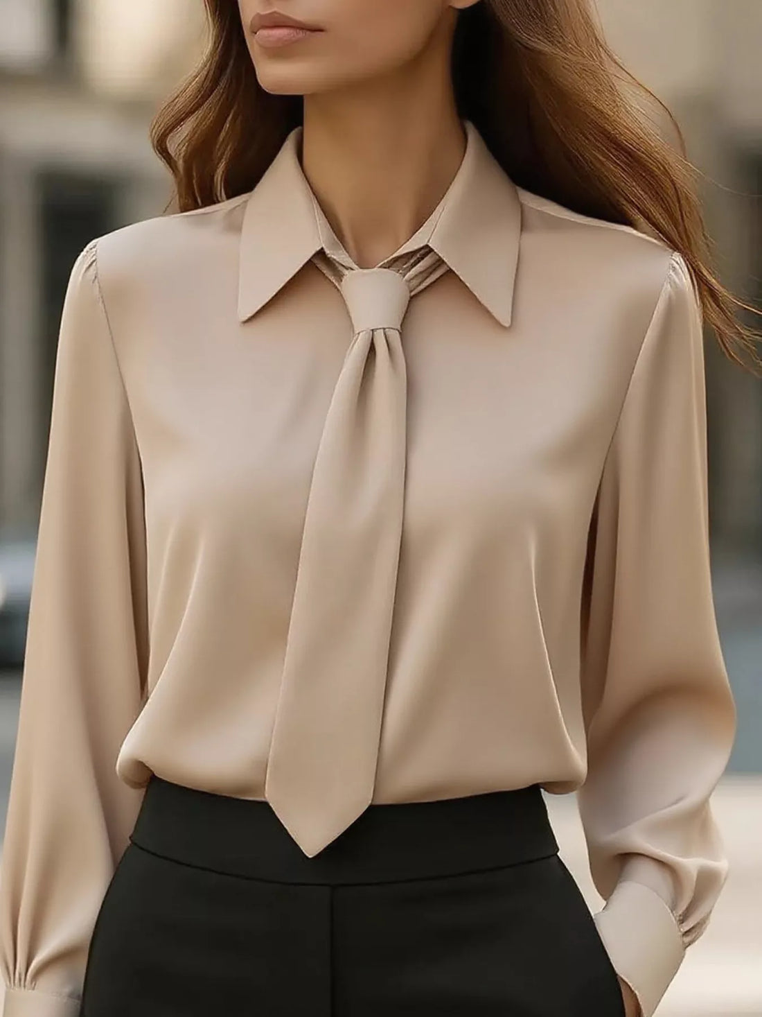 Chic Tie-Neck Blouse in beige with a stylish collar and tie detail, perfect for elegant women&