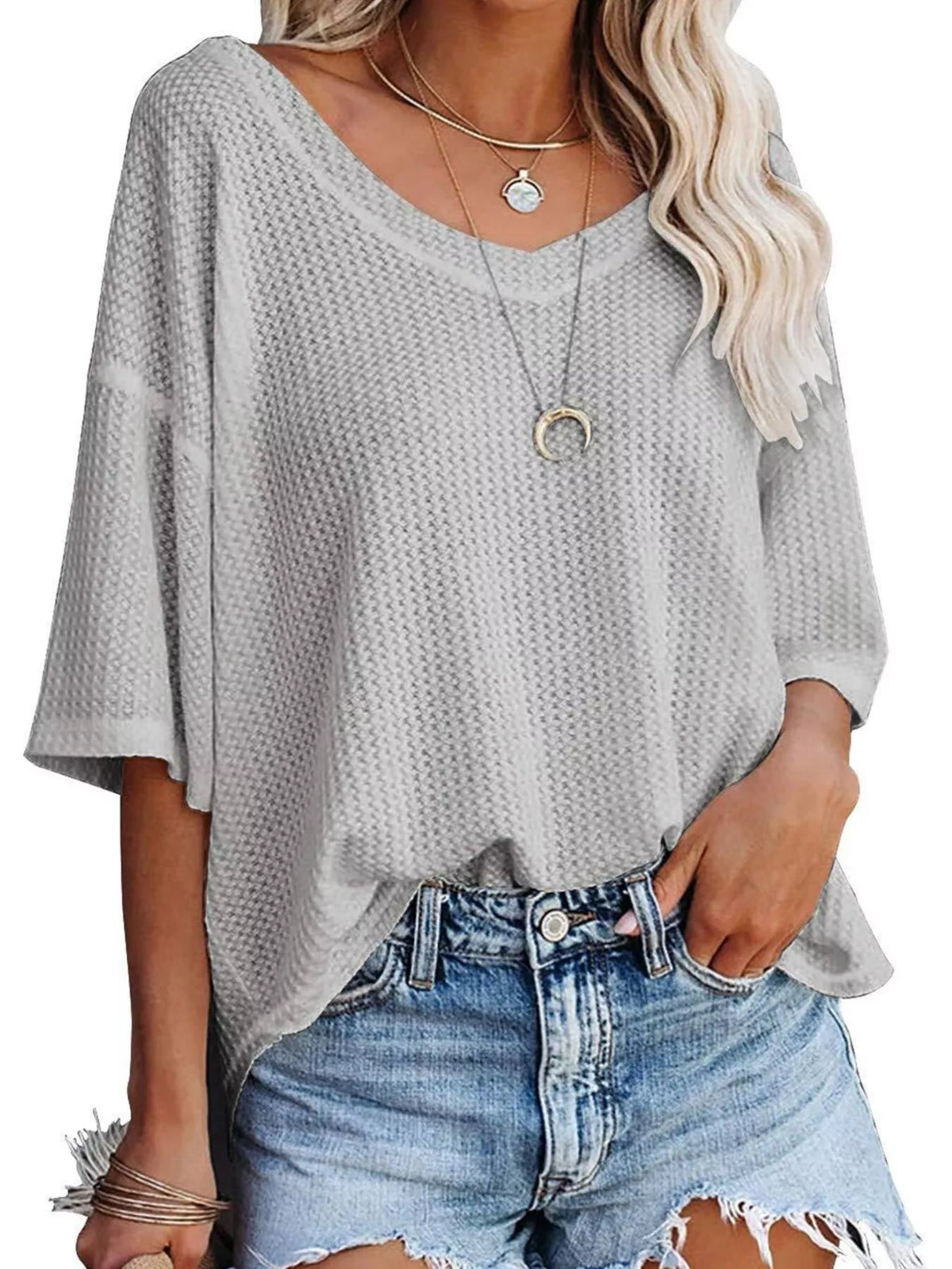 Waffle knit v-neck t-shirt casual outfit
