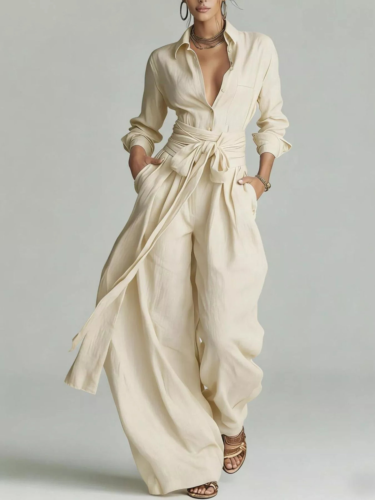 Back view of a woman wearing a Long-Sleeve Waist-Tie Jumpsuit in brown, showcasing its elegant design.