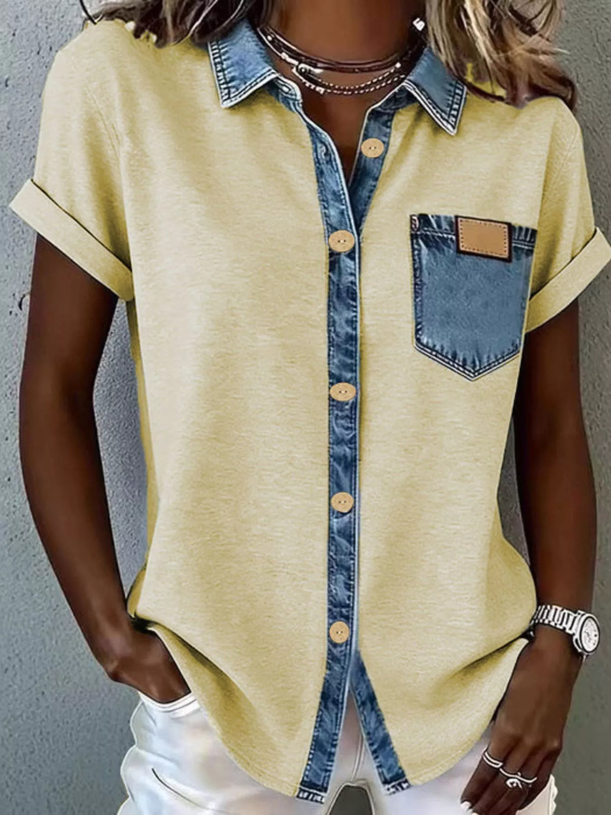 Denim Trim Short Sleeve Shirt buttoned front