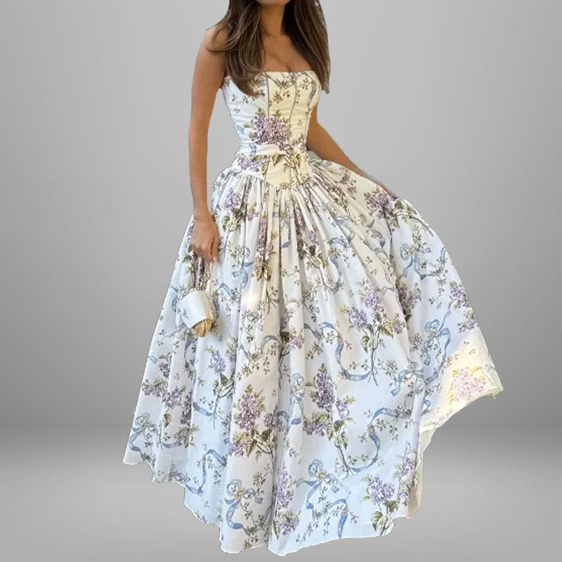 Elegant Summer Flared Strap Dress – Floral Style showcasing flared design and stunning floral patterns for summer elegance.
