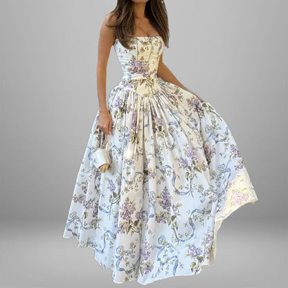 Elegant Summer Flared Strap Dress – Floral Style showcasing flared design and stunning floral patterns for summer elegance.