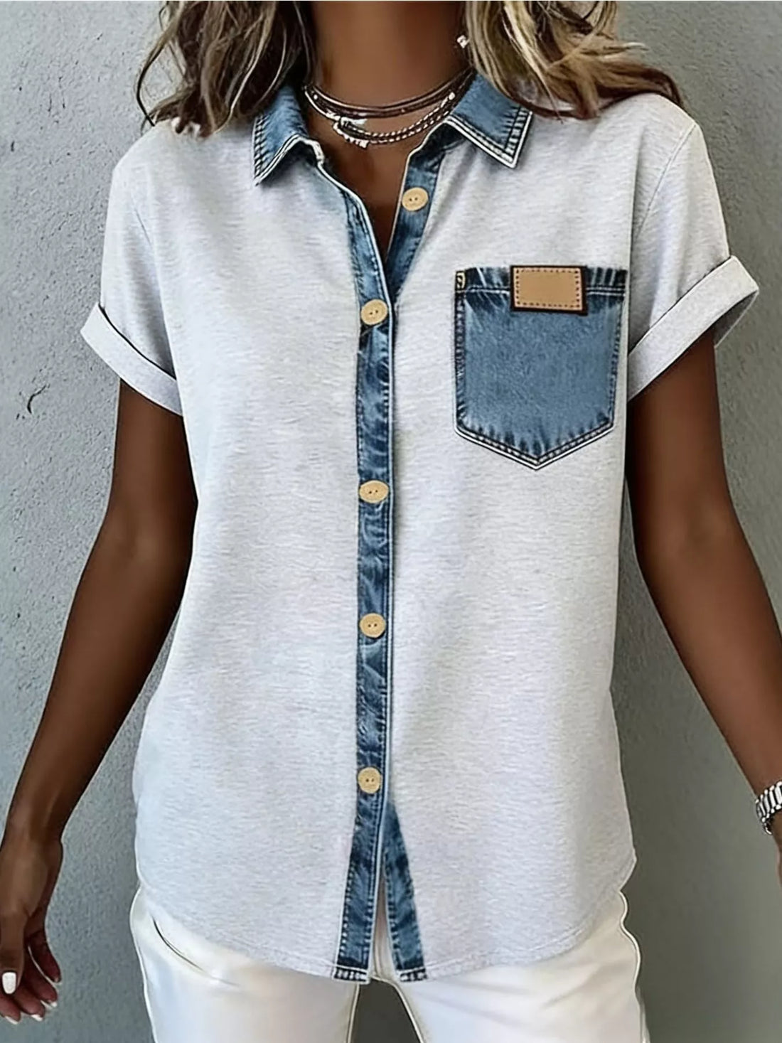 Denim Trim Short Sleeve Shirt buttoned front