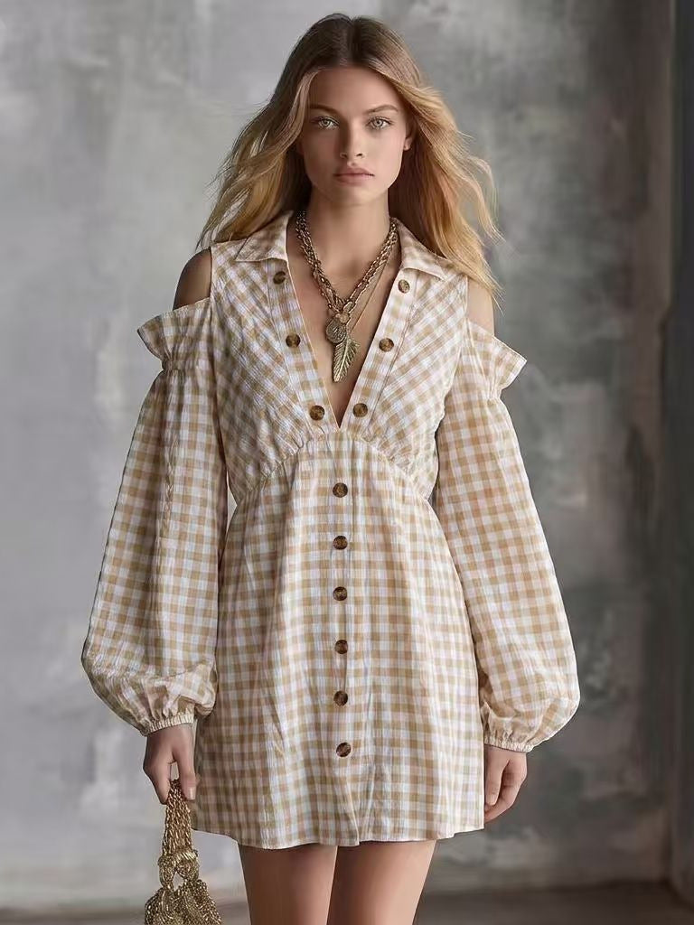 Casual Checkered Off-the-Shoulder Dress checkered pattern