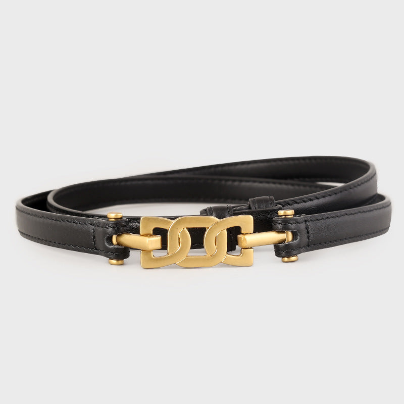 Gold Buckle Skinny Leather Belt showcased in black leather with a stylish gold buckle design.