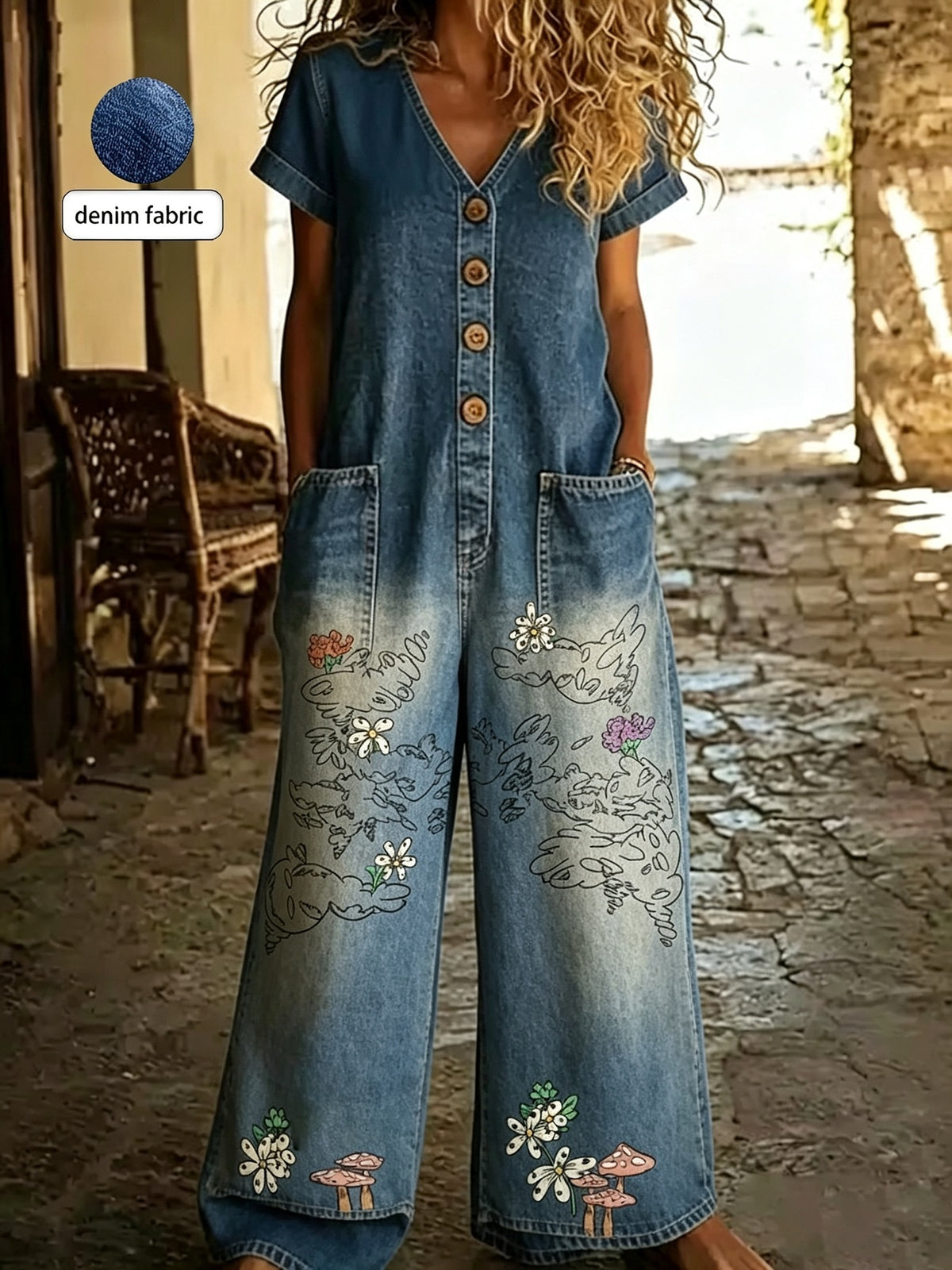 Casual Buttoned Jumpsuit featuring a wide-leg style, denim fabric, and colorful floral embroidery.